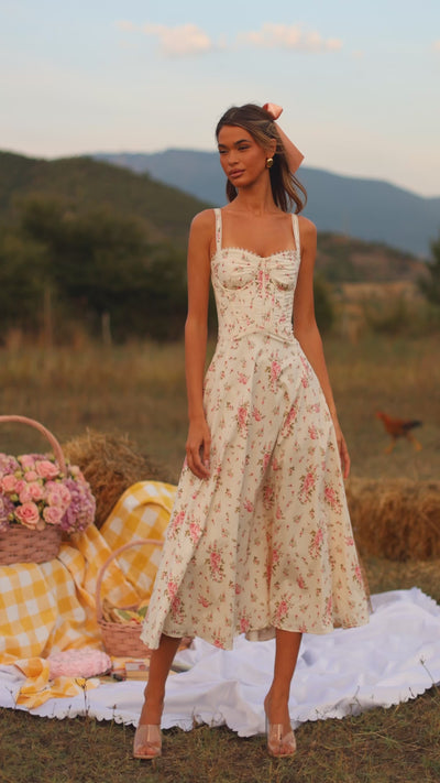 Cream white floral corset midi dress with fitted waist 