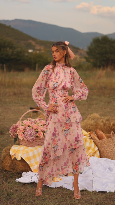 Pastel pink floral high-neck long-sleeve midi dress with layered hem 