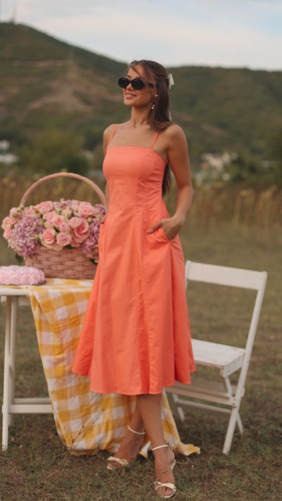 Solid papaya punch square-neck midi dress with pockets 