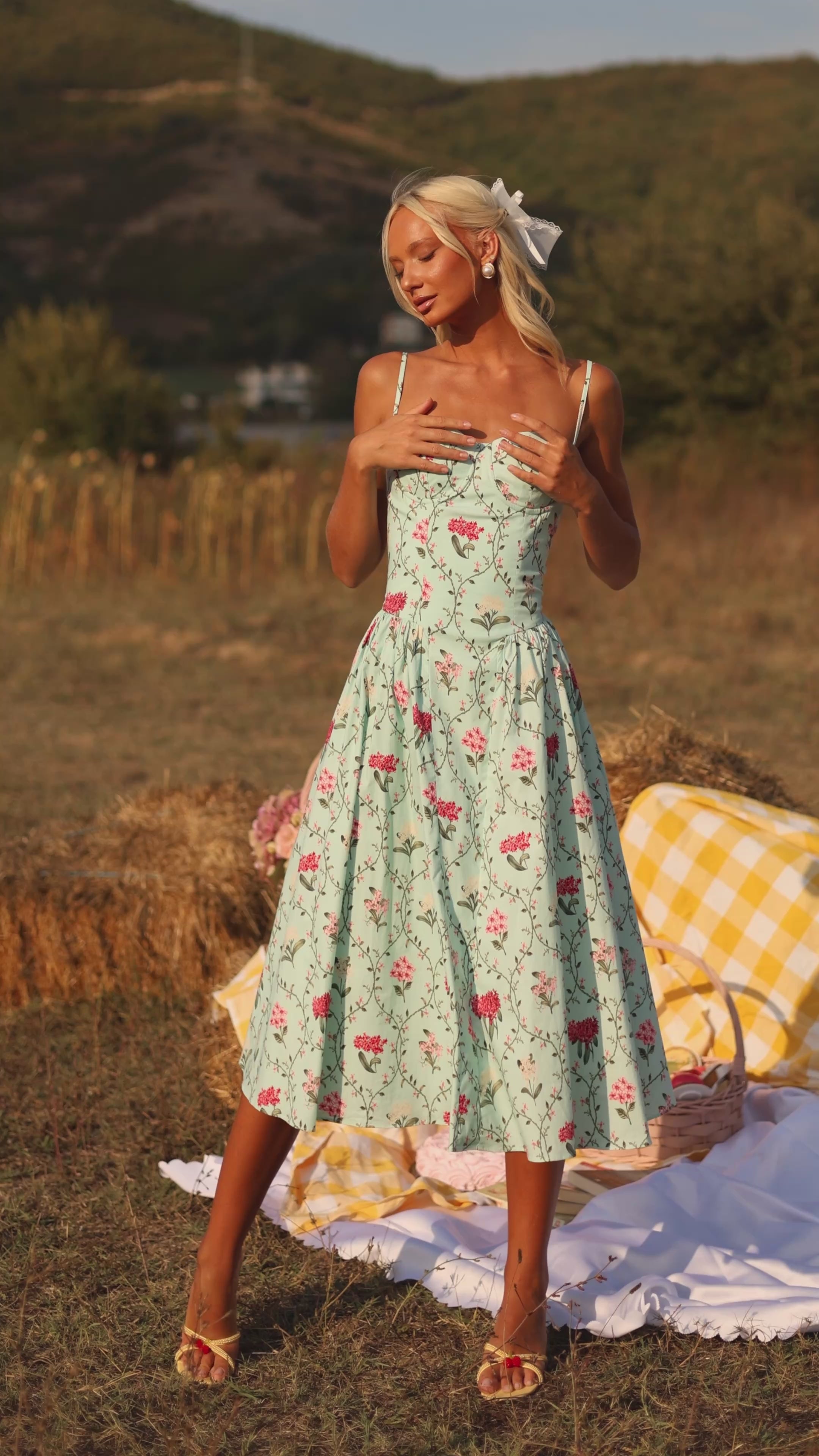 Mint green floral corset midi dress with spaghetti straps 