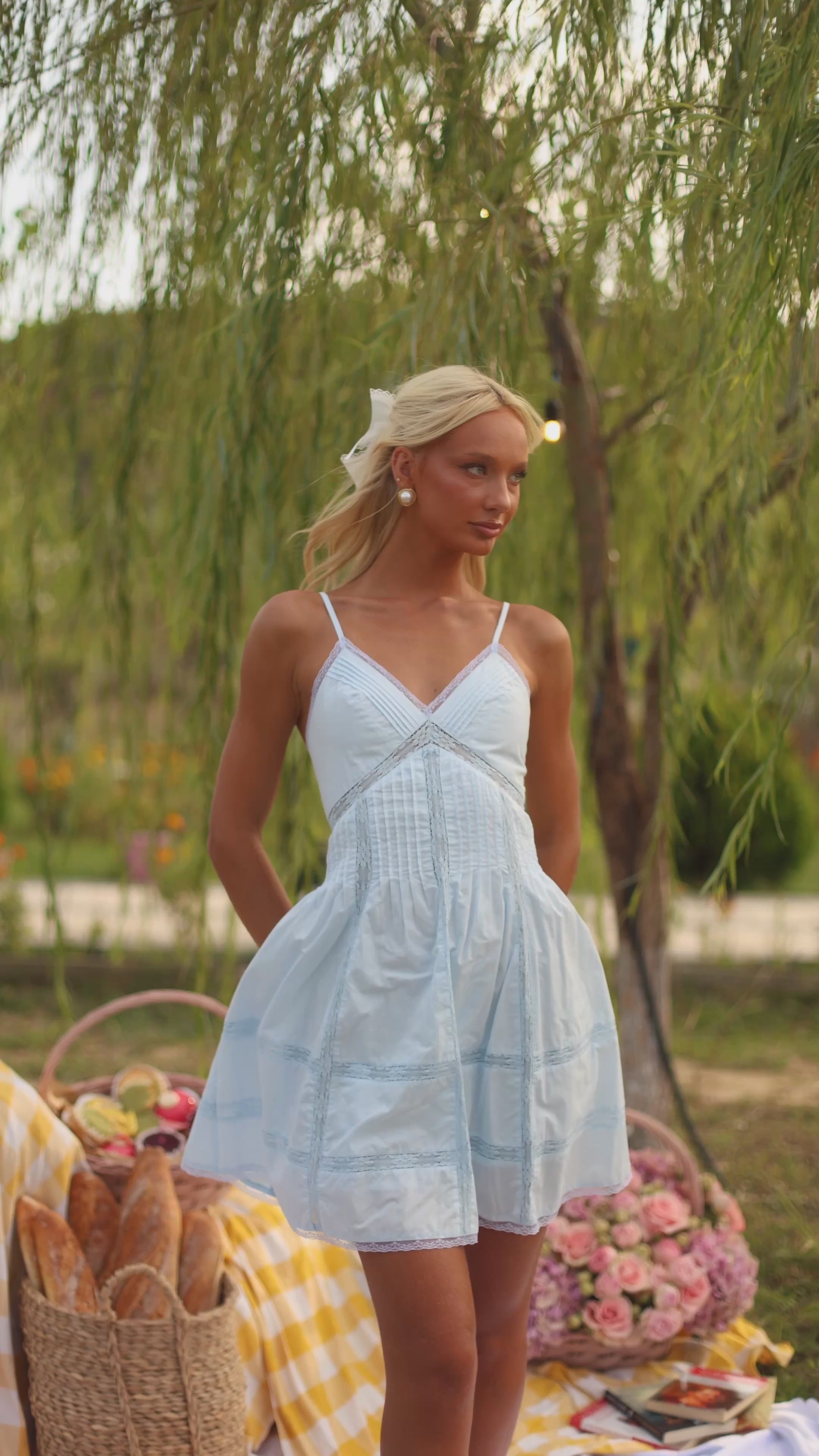Light blue lace-trim mini sundress with thin straps