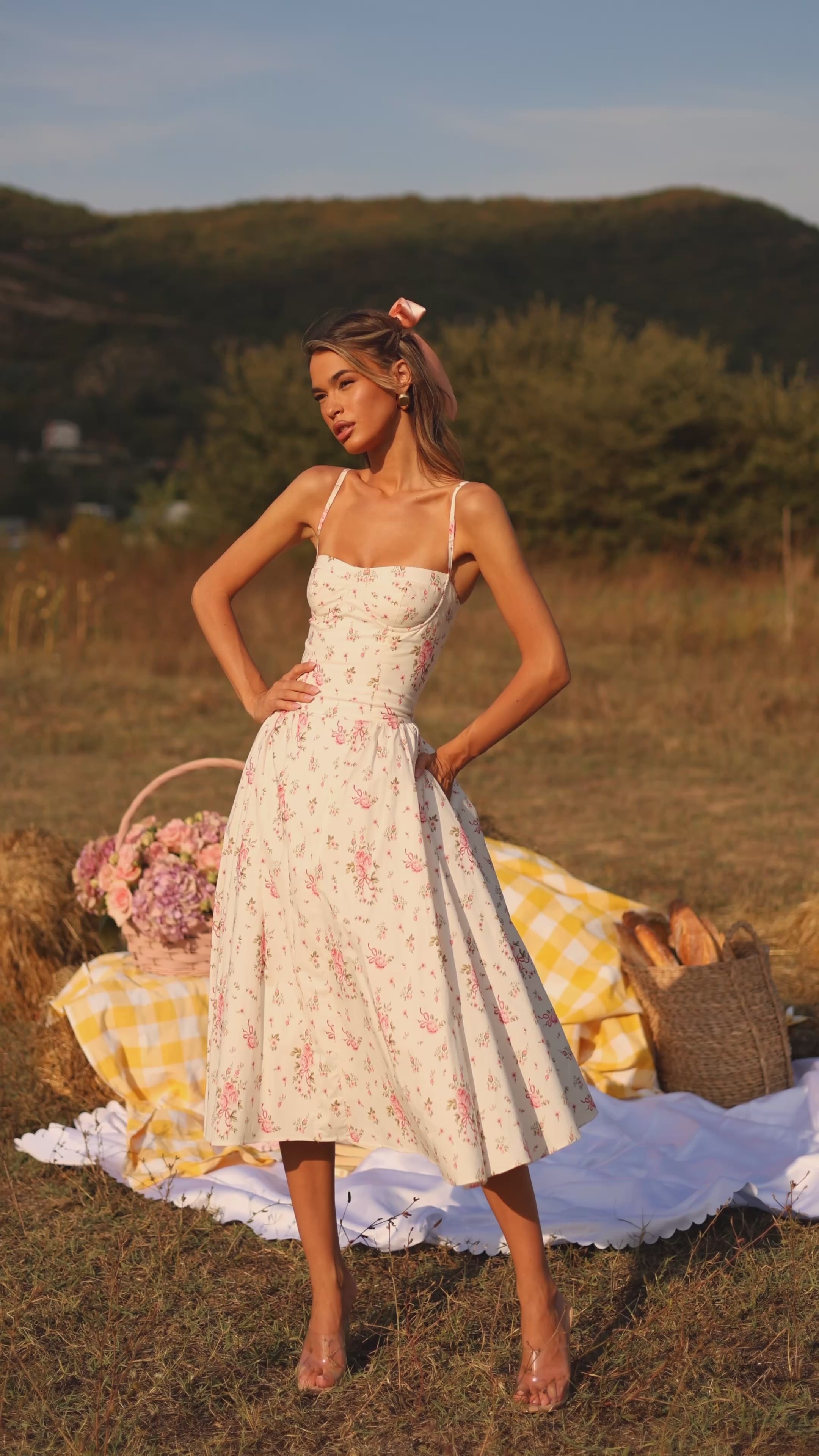 Off-White Pink floral corset midi dress with spaghetti straps 