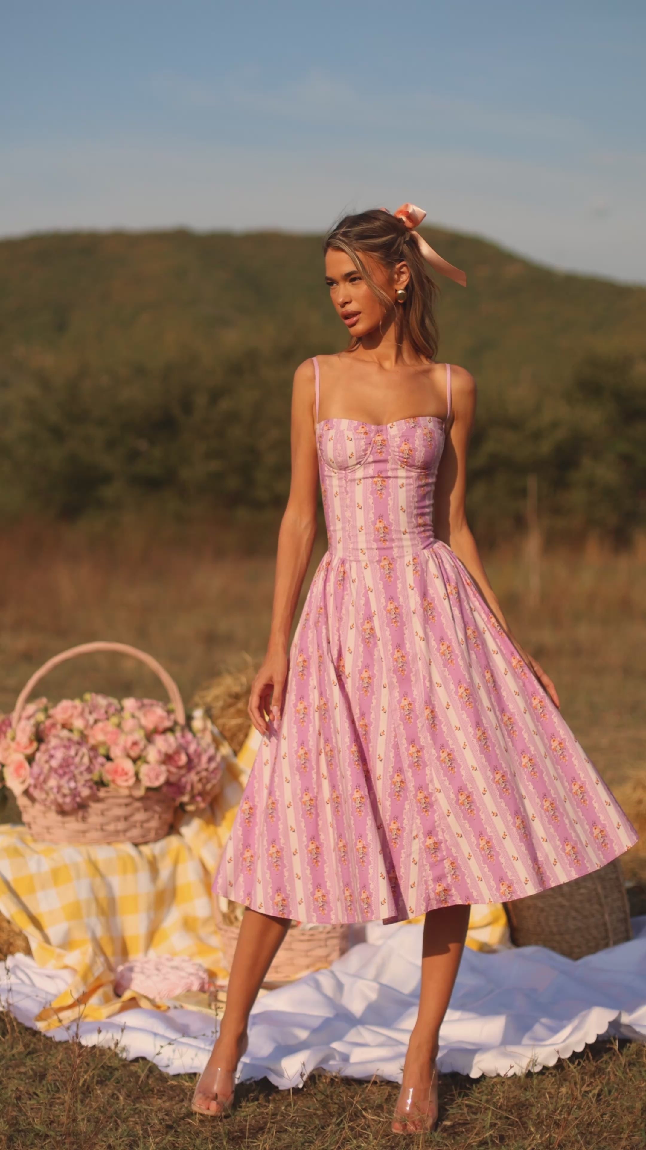 Lavender Lilac floral corset midi dress with spaghetti straps 