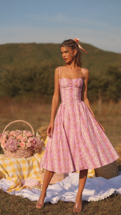 Lavender Lilac floral corset midi dress with spaghetti straps 