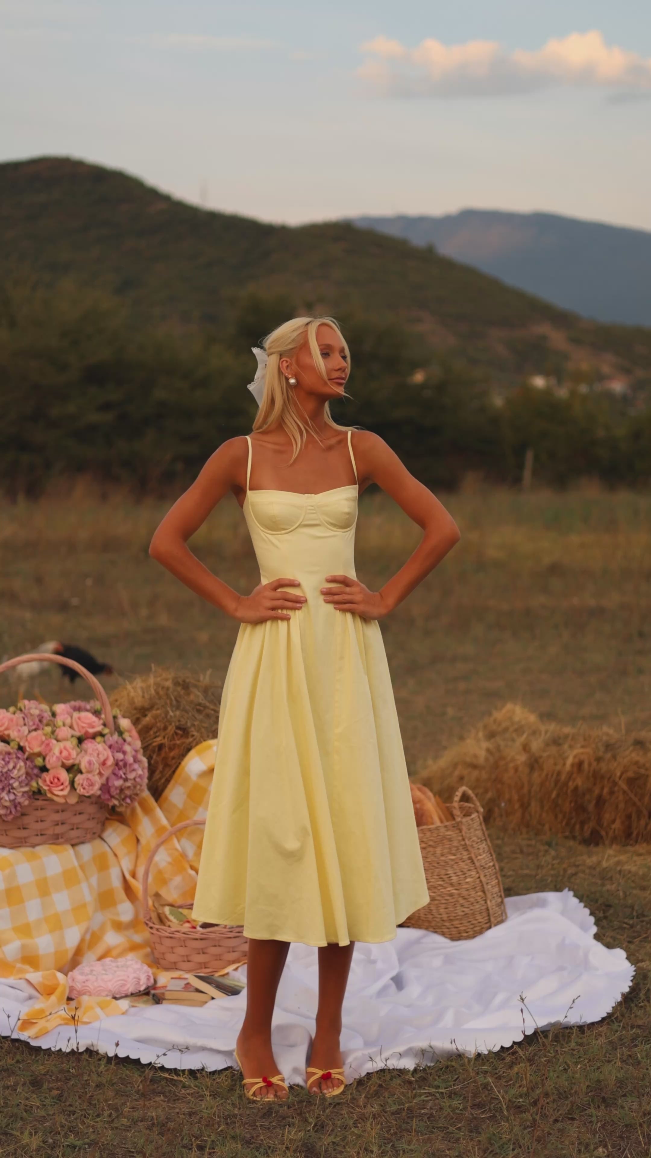 Buttercream yellow corset midi dress with sweetheart neckline 