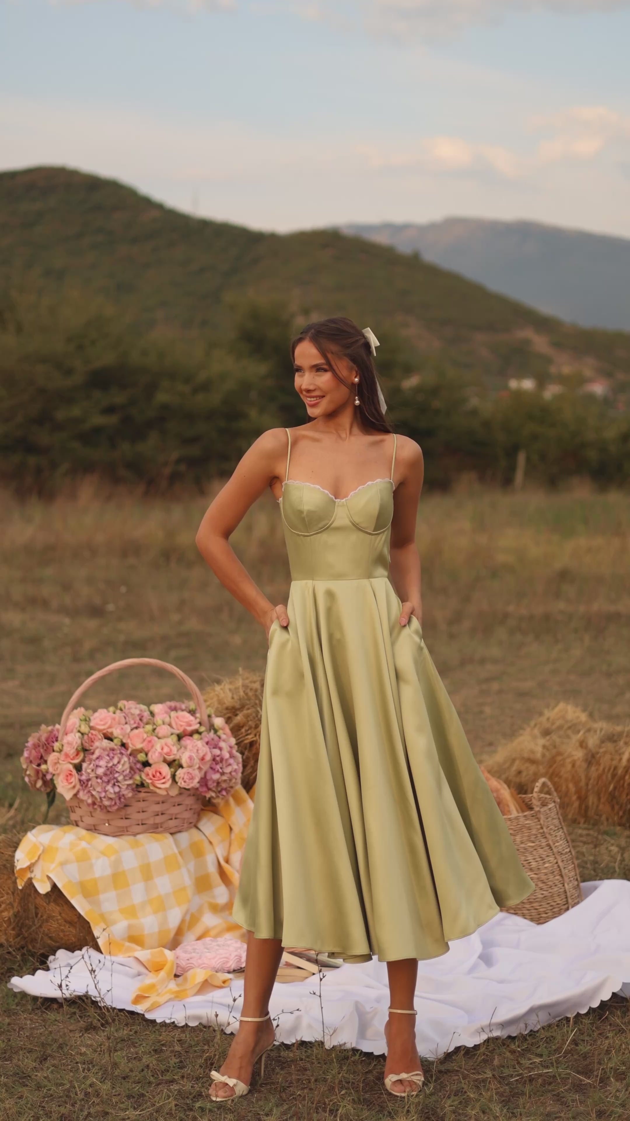 Olive green satin midi dress with thin straps 