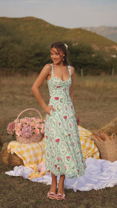 Mint green floral corset midi dress with straps 