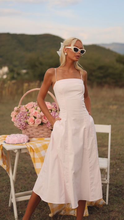 Primrose pink square-neck midi dress with pockets 