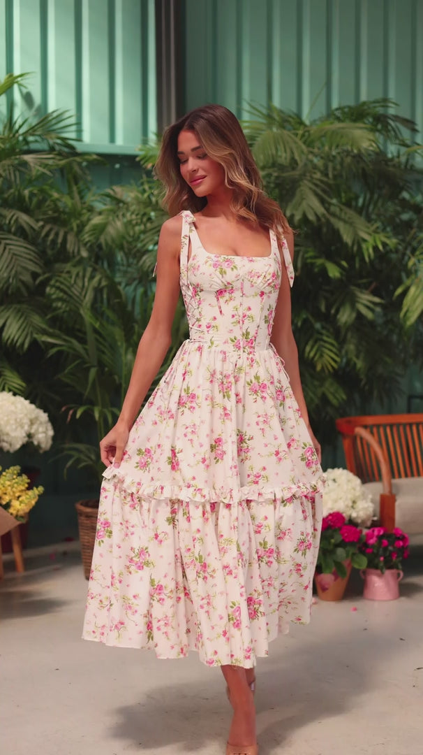 Ivory Floral Print Midi Dress With Corset-Style Bodice