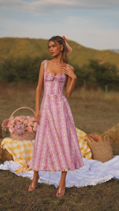 Lavender Lilac floral corset midi dress with straps 